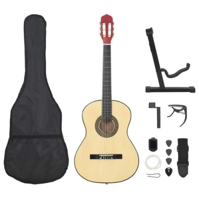 Image of vidaXL 12 Piece Classical Guitar Set: Full Size 39&quot; 4/4 Musician&#039;s Kit with Basswood Guitar, Bag, Strap, Picks, Tuner and More Light Wood
