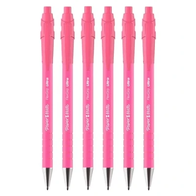 Image of Paper Mate Flexgrip Ultra Retractable Ballpoint Pens Medium Point 1.0mm Blue Ink Bright Pink Retro Barrels Pack of 6