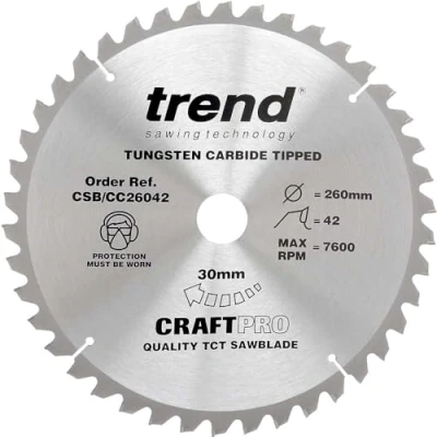 Image of Trend Wood Mitre Saw Blade, 260mm Diameter, 30mm Bore, 42 Teeth, TCT, 2.6mm Kerf, 5 Hook, CSB/CC26042