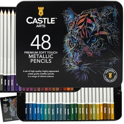 Image of Castle Art Supplies Metallic Pencils Set 48 Shimmering Shades with Premium Quality Wax Cores for Professional, Adult Artists and Colourists Protected Organised in Presentation Tin Box