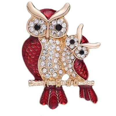 Image of sunjiaqi Owl Rhinestone Brooch Vintage Elegant Brooches Cute Double Lapel Pin Owls Sitting on Branch Crystal Badge Accessories for Women Men Gift