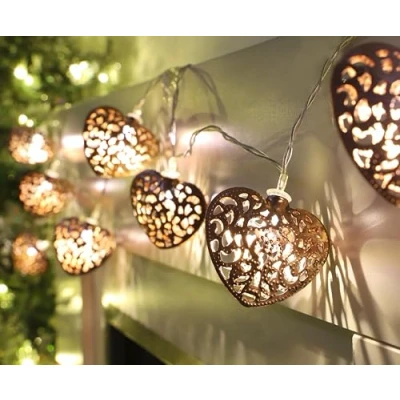 Image of Christmas Concepts® 10 Chocolate Metal Heart Lights with Warm White LED 1.5m Length Battery Operated