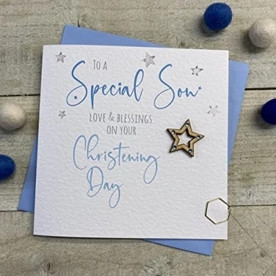 Image of WHITE COTTON CARDS SON CHRISTENING CARD WOODEN STAR DESIGN, HANDMADE (S150 S)