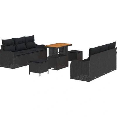 Image of vidaXL 9 Piece Garden Sofa Set with Cushions Black Poly Rattan Acacia