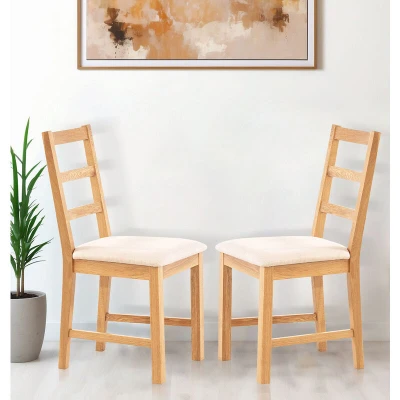 Image of Hallowood Furniture Solid Oak Small Dining Chairs Set of 2, Room with Linen Fabric Seat Pad, Modern &amp; Stylish Ladder Back Chairs, Kitchen (Natural Beige)