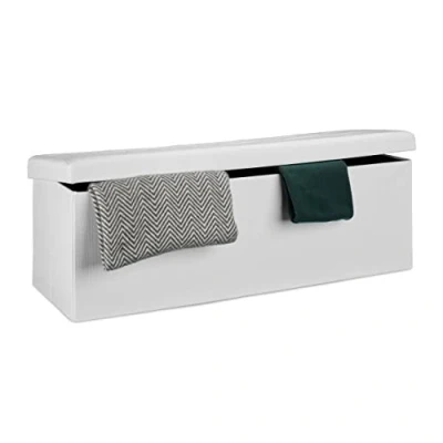 Image of Relaxdays Folding Storage Bench XL, 38 x 114 cm, Foldable Ottoman Footstool, with Lid, Fabric, White