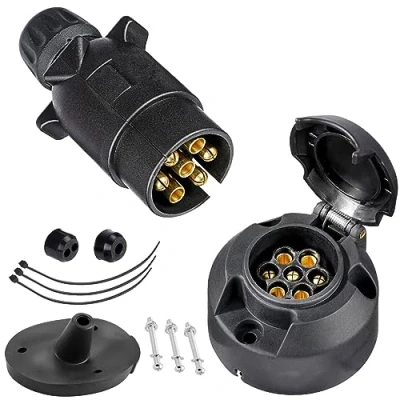 Image of SPARKMOTO 7 Pin Trailer Plug and Socket, 12V socket with installation mounting accessories Connector For Boat RV Cars Caravan Adapter(Screw Cap)