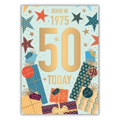 Image of Words &#039;n&#039; Wishes Male 50th Birthday Card Happy Age 50 with Born in 1975 Confetti and Gifts Design Embossed Foil Details for Men