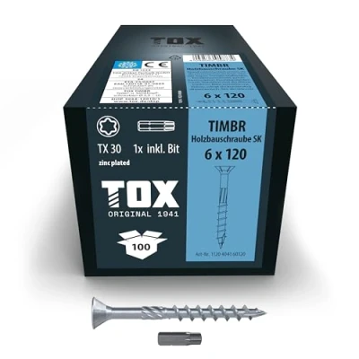 Image of TOX Timbr SK 1120404160120 Wood Screws 6.0 x 120 mm Blue Galvanised with Countersunk Head TX30 for Easy Screwing and Flush Mounting in Construction Pack of 100 Includes 1x Bit