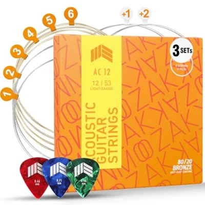 Image of MOOZAK Acoustic Guitar Strings 3 Packs 80/20 Bronze for 6 String Guitars with 2 Free and Picks. 12 53 Light