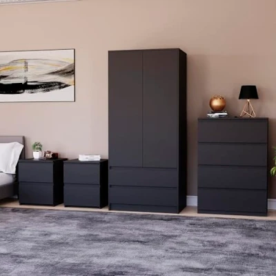 Image of Vida Designs Denver Bedroom Furniture Set (Black, 4pc 4 DWR Chest+2 Dr Wardrobe+2 x 2 Nightstand)