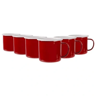 Image of 6x Red 375ml Coloured Enamel Mugs By Argon Tableware