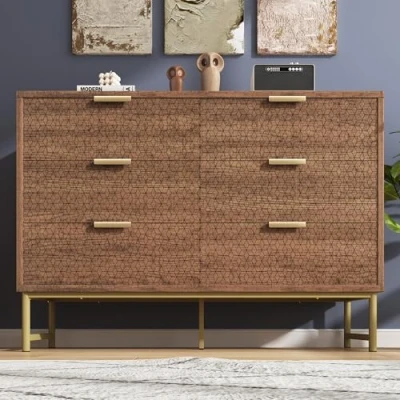 Image of ModernLuxe Sideboard Storage Cabinet with 6 Drawers, Living Room Cabinets Metal Handles, Anti Tip, Exquisite Embossed Design Chest of Drawers for Bedroom and Hallway, Walnut, 120x40x75cm