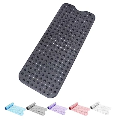 Image of Bath Mat Non Slip Anti Mould 100x40cm Extra Large Shower Mats with Suction Cups and Drain Holes, Rubber Bathtub for Bathroom, Machine Washable (Clear Black)