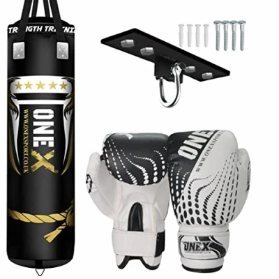 Image of ONEX Punch Bag Kick Boxing Set 5FT Filled Heavy Bags Gloves Anchor Ceiling Hook Wall Bracket Chains Focus pad pads Training MMA Punching (Black 9pcs)