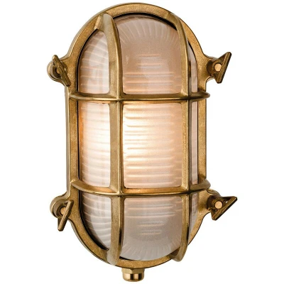 Image of Nautic 1 Light Outdoor Bulkhead Wall, Flush Brass, Frosted Glass IP64, E27