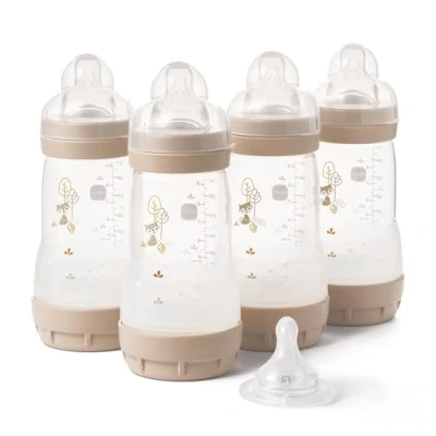 Image of MAM Easy Start Anti Colic Baby Bottles 4 Pack (4X 260ml) Self Sterilising Milk Bottle Medium Flow Teats Size 2 + 1x Fast Teat 3 Unisex (Various Designs)
