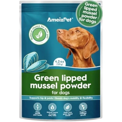 Image of AmeizPet Green Lipped Mussel Powder For Dogs, Hip And Joint Care Dogs Mobility Booster With Glucosamine, Omega 3 Enriched Supplement, 120 g (4.2 Oz.)