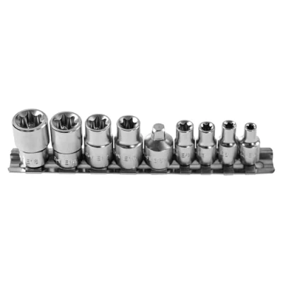 Image of Högert HT1A884 Socket Tool Box I Chrome Vanadium Steel Alloy Set Technology of 9 Torx Wrenches, Silver, 1/4 Inch E5 E8, 3/8 E10 E16, CRV