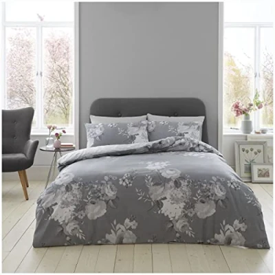 Image of GC GAVENO CAVAILIA Botanical Duvet Cover Sets, Reversible Quilt Covers, Easy Care Floral Bedding Single, Grey