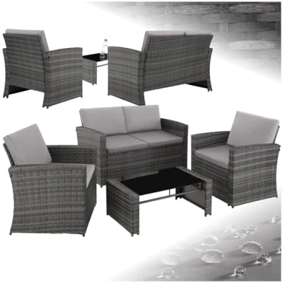Image of TecTake® Rattan Garden Lounge Set, Chic Design, 2 seater sofa, Armchairs and 1 Table with Removable Glass Top, Comfortable Seat Back Cushions, for garden, patio, balcony grey