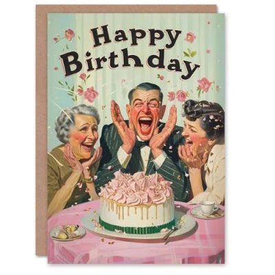 Image of Artery8 Birthday Card Retro Vintage Cake Party Fun For Him Her Man Woman Greeting