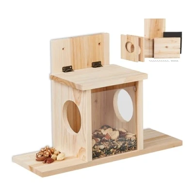 Image of Relaxdays Squirrel Feeder, Kit, Wood, 2 Entrances &amp; Platforms, for Hanging, Feeding House, HWD: 24 x 35 13 cm, Natural