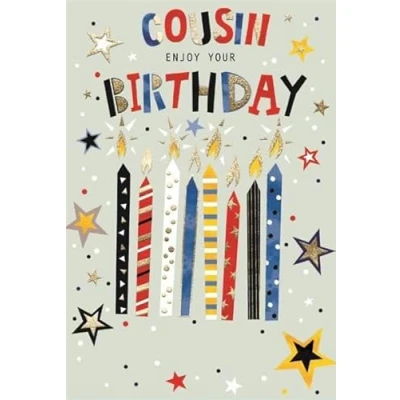 Image of Cousin Birthday Card Coloured Candles Writing Stars with Gold Foil 7.75x5.25