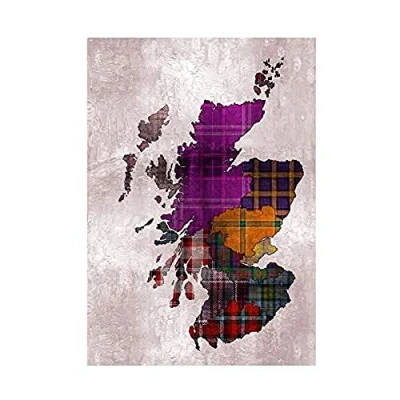 Image of Wee Blue Coo Painting Map Outline Scotland Tartan Inset Regions Wall Art Print