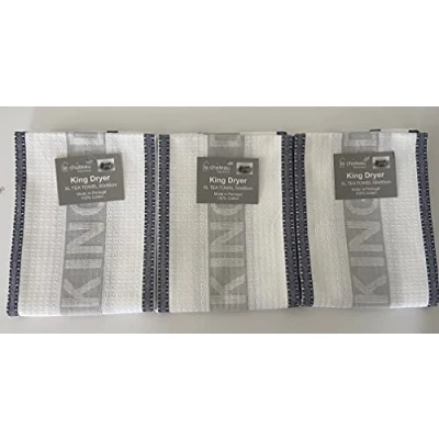 Image of Jansons Direct Linens 3 Pack of Extra Large King Dryer Tea Towel in Crisp White and Blue 50cm x 90cm 100% Cotton