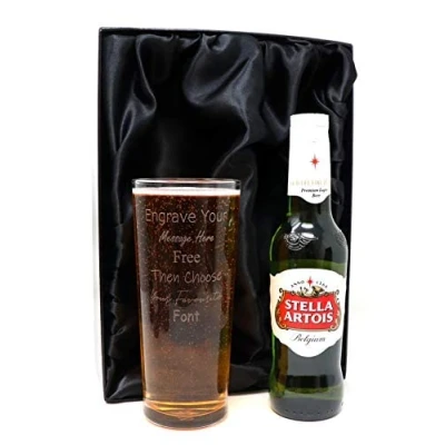Image of Regalo Personalised Pint Glass &amp; Beer (Stella Premium Lager Beer, Silk Lined Gift Box)