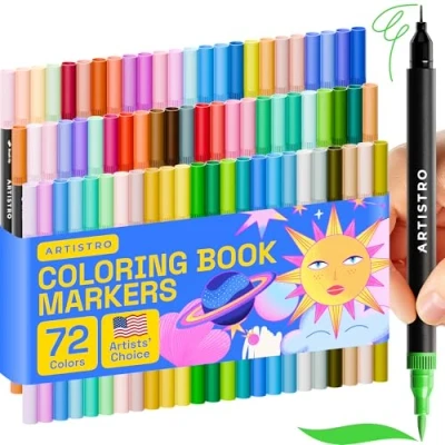 Image of ARTISTRO Dual Tip Markers 72 Coloring Brush &amp; 0.4mm Fineliner Pens for Adults, Bullet Journal Pens, Adult Books No Bleeding