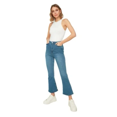 Image of Trendyol Women&#039;s Woman High Waist Flare Jeans, Blue, 34 UK
