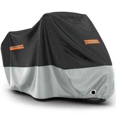 Image of Favoto Motorbike Cover Waterproof Outdoor Motorcycle All Season Protection Rain UV Dust Protective Garage Winter proof with 2 Windproof Buckles Lock Hole (96.5 x 41 49.2 Inch)