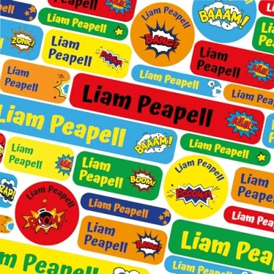 Image of 50 Name Labels for Kids No Iron Tags Clothes Stickers Water Bottles, School Uniform, School, Nursery, Care Homes, Washable and Dishwasher Safe Children (Comic Book)