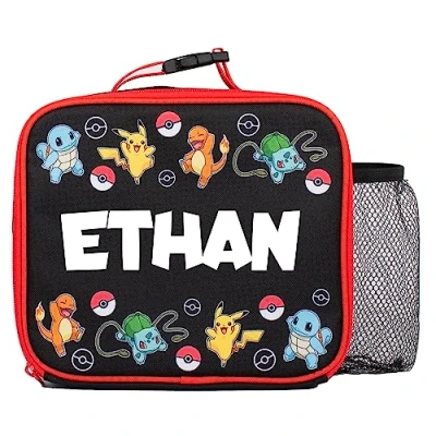 Image of Pokémon Personalised Children’s Lunch Bag School for Boys &amp; Girls Pikachu Insulated Kids Pokemon Box, Black/Red