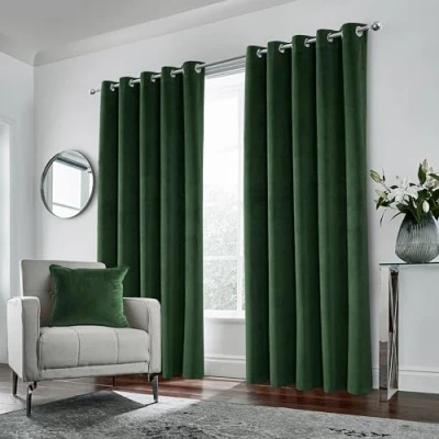 Image of Enhanced Living Green Velvet, Supersoft, Blackout, Thermal Pair of Curtains with Eyelet Top 100% Energy Saving, Noise Reducing, Curtain 46 x 54 inch (117x137cm)