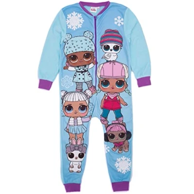 Image of LOL Surprise! Girls Onesie In Blue All One Fleece Pyjama Loungewear Winter Snowflakes Fun Dolls Kids PJs Sleepsuit Nightwear Fashion Pajama Bodysuit Romper Merchandise Gift for Children