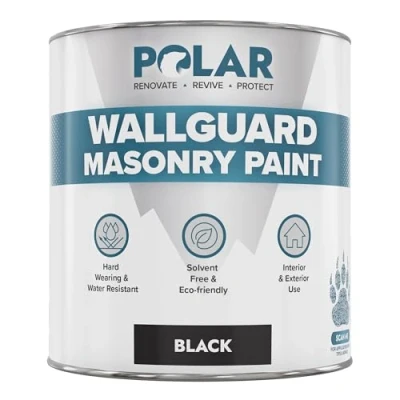Image of Polar Wallguard Black Masonry Paint Exterior 1 Litre Waterproof Coating for Brick, Concrete, Stone, Pebbledash, and Ironwork High Durability Superior Protection Walls