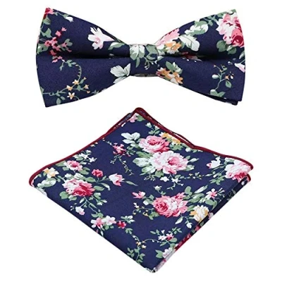 Image of Men&#039;s Luxury Cotton Pre tied and Fully Adjustable Bow Tie &amp; Pocket Square Set (Blue Floral) suitable for formalwear, office, weddings, parties, grooms groomsmen outfits
