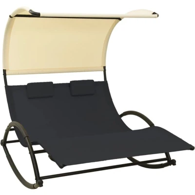 Image of vidaXL Double Sun Lounger with Canopy Textilene Black and Cream