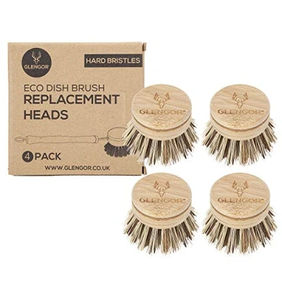 Image of Glengor Eco Friendly Washing Up Brush Replacement Heads Pack of 4 Plastic Free Zero Waste Scrubbing for Home Vegan (Hard Bristles)