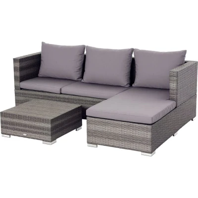 Image of Outsunny 3PC Rattan Garden Furniture Storage Sofa Set 4 Seater Wicker Coffee Table Conservatory Sun Lounger Reclining Outdoor Weave with Cushion Grey