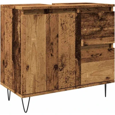 Image of vidaXL bathroom sink cabinet old wood finish, engineered with industrial iron feet modern vanity cupboard 65x33x60 cm, ample storage for tidy space