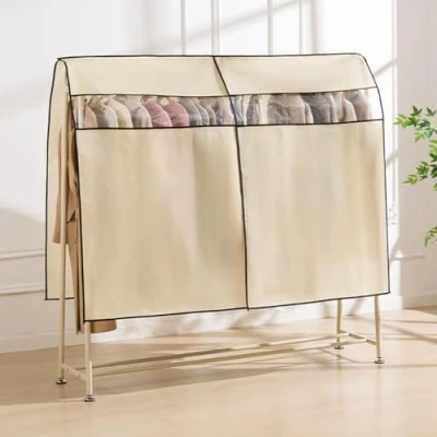 Image of 3 Pcs Breathable Garment Rail Cover,Garment Covers Long for Clothes Dustproof,Suit Protector with Clear Window,Clothes Hanging Coat Rack,Beige 150 x 120cm