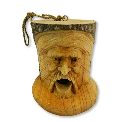 Image of Thai Gifts Wooden Hand Carved Forest Green Man Bird House Garden Nesting Tree Hanging Box