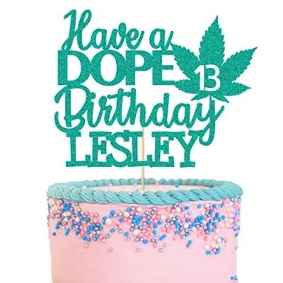 Image of GuteGifts Personalised Have a Dope Birthday Cake Topper Pot Leaf Green Weed Theme Party Decoration for Baby Shower Wedding Custom with Any Name &amp; Age Glitter Card (Turquoise green)