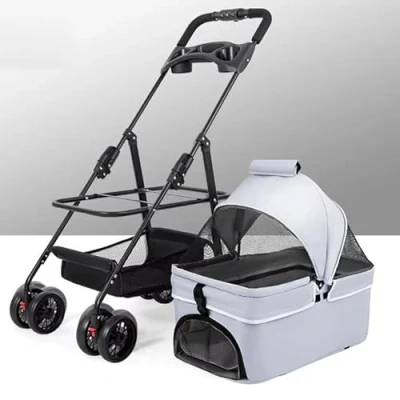 Image of Pet Stroller for Small Dogs, Foldable Design, Breathable Mesh Windows, Spacious Undercarriage, Grey or Blue (Grey)