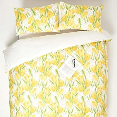 Image of HOMESCAPES Yellow Cotton Duvet Cover Set Super King Digitally Printed Floral Design on 200TC 400 Thread Count Equivalent 100%