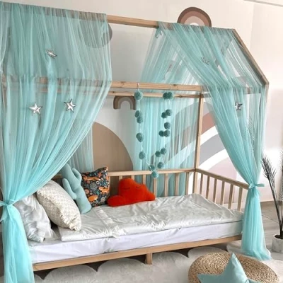 Image of Baby Fancyroom House Bed Canopy Mint Green Decoration Set Children&#039;s Room Pompom Garland Made of Premium Tulle for Beds (380 cm)